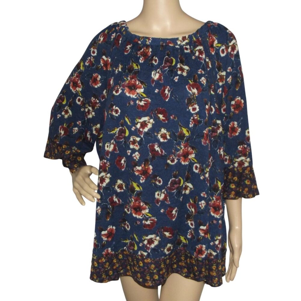Cato Blouse Womens Plus Size 3X navy blue burgundy Bell Sleeve elastic neck